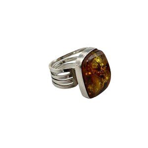 Vintage Sterling Silver Amber Adjustable Ring Substantial Genuine Amber Jewelry